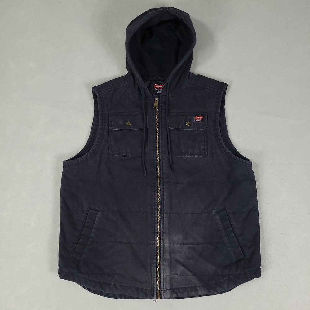 Wrangler Hooded Vest Mens XL Navy Blue Canvas Utility Workwear Regular Fit